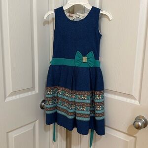 Super cute, teal and blue dress with bow and gem detail, size M